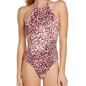 Chelsea 28 High Neck Scalloped Edge One-Piece Swimsuit Size L Reg. $89. 
Ties at